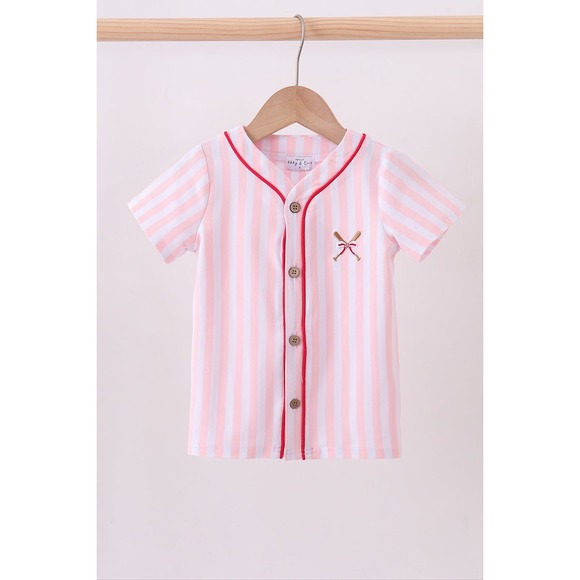 Abby & Evie Other - Abby & Evie Kids Pink Stripe Baseball Jersey Embroidered Button Down Shirt 12M
